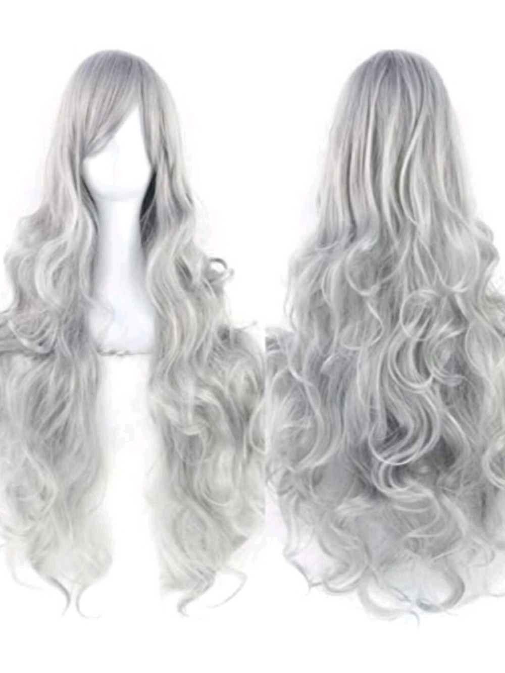 Long Wavy Silver-Gray Women's Wig with Side Bangs